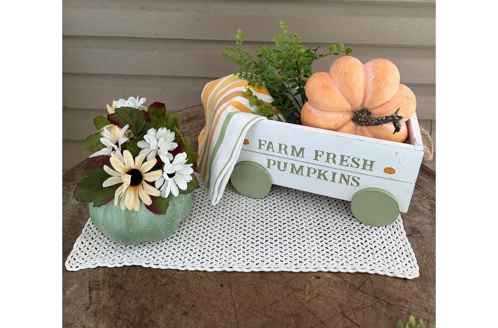 6-Pc Farmhouse Fall Centerpiece Set White Wooden Cart Sage Pumpkin Vase